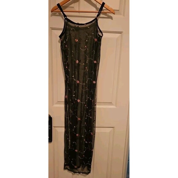 Hers & Mine Sheer Floral Embroidered Dress  Mesh Maxi Sexy Medium Swimsuit Cover - Picture 6 of 8